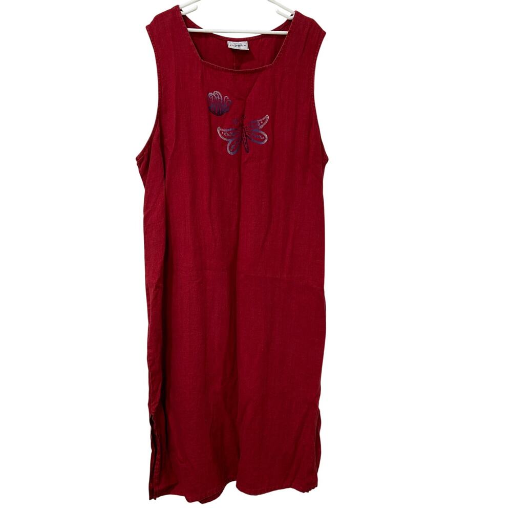 Studio Ease Womens Size 26W Red Sleeveless Linen Maxi Dress Butterfly Granny
